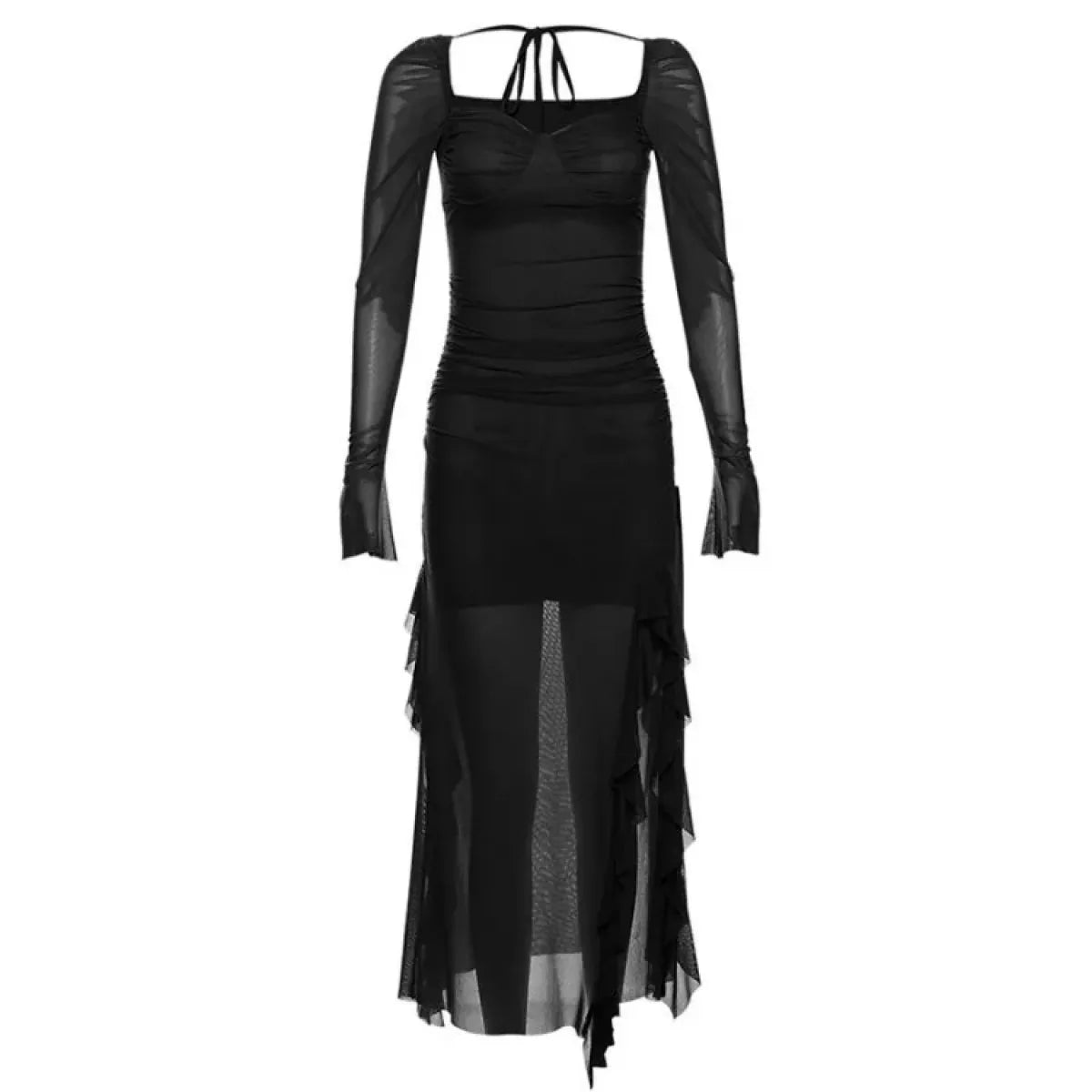 Sheer Mesh Ruffle Dress – Y2K Slim Fit High Slit Aesthetic - All Dresses - Short - Square - Dresses - 10