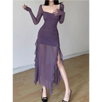 Sheer Mesh Ruffle Dress – Y2K Slim Fit High Slit Aesthetic - All Dresses - Short - Square - Dresses - 4
