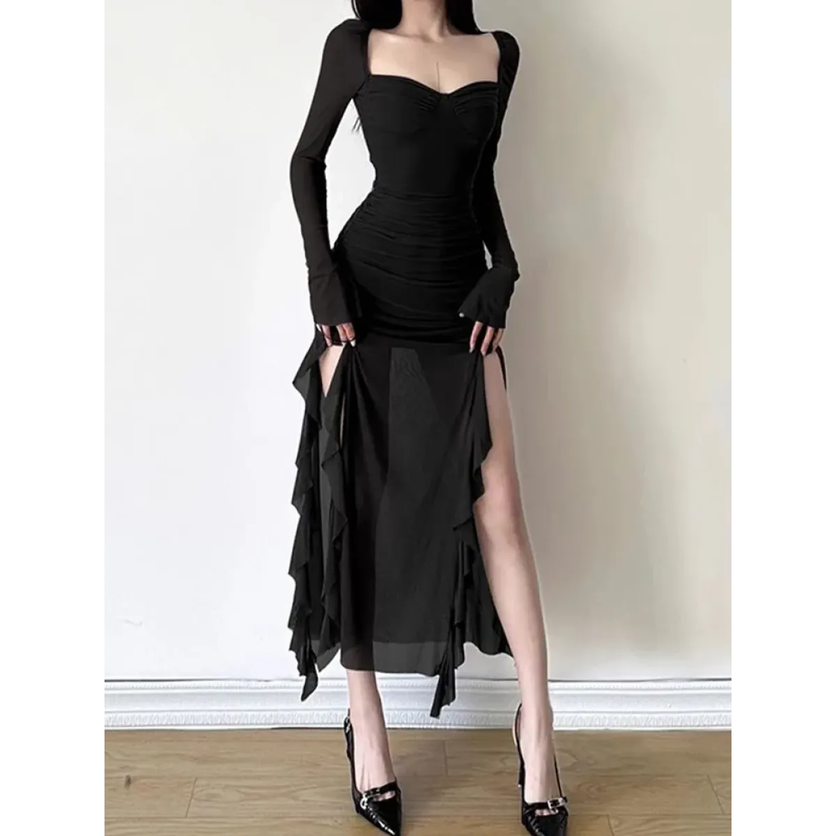 Sheer Mesh Ruffle Dress – Y2K Slim Fit High Slit Aesthetic - All Dresses - Short - Square - Dresses - 6