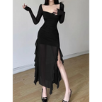 Sheer Mesh Ruffle Dress – Y2K Slim Fit High Slit Aesthetic - All Dresses - Short - Square - Dresses - 5