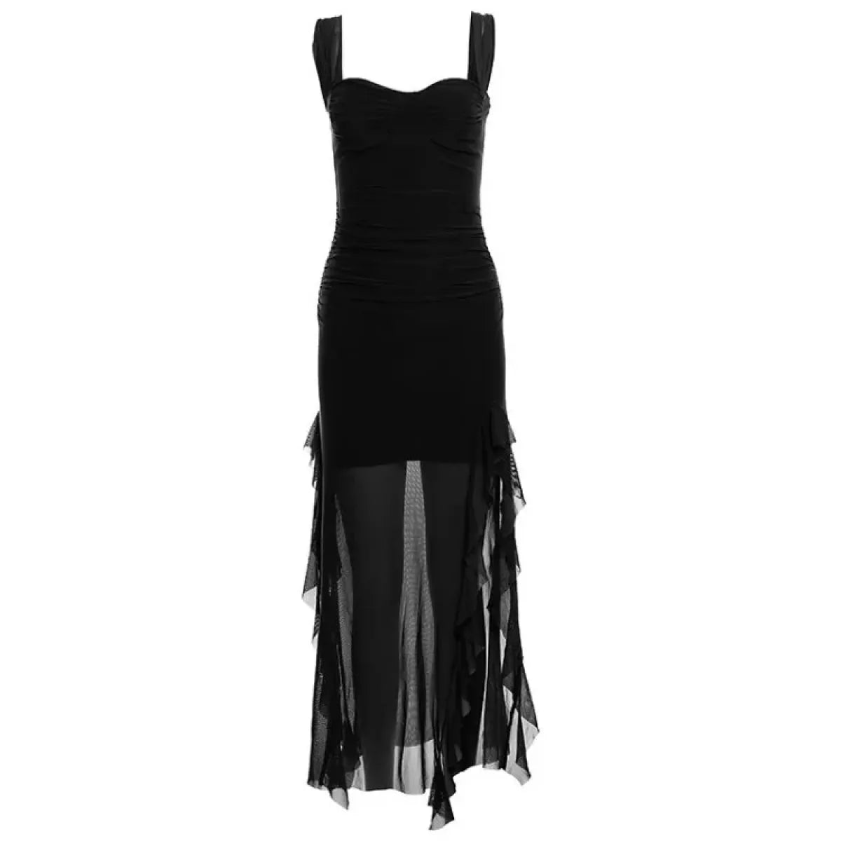 Sheer Mesh Ruffle Dress – Y2K Slim Fit High Slit Aesthetic - All Dresses - Short - Square - Dresses - 8