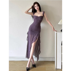 Sheer Mesh Ruffle Dress – Y2K Slim Fit High Slit Aesthetic - All Dresses - Short - Square - Dresses - 2
