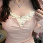 Sweet Pink Lace Layered Y2K Slim Fit Tee - T-Shirts - T-Shirt - 1