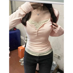 Sweet Pink Lace Layered Y2K Slim Fit Tee - T-Shirts - T-Shirt - 2