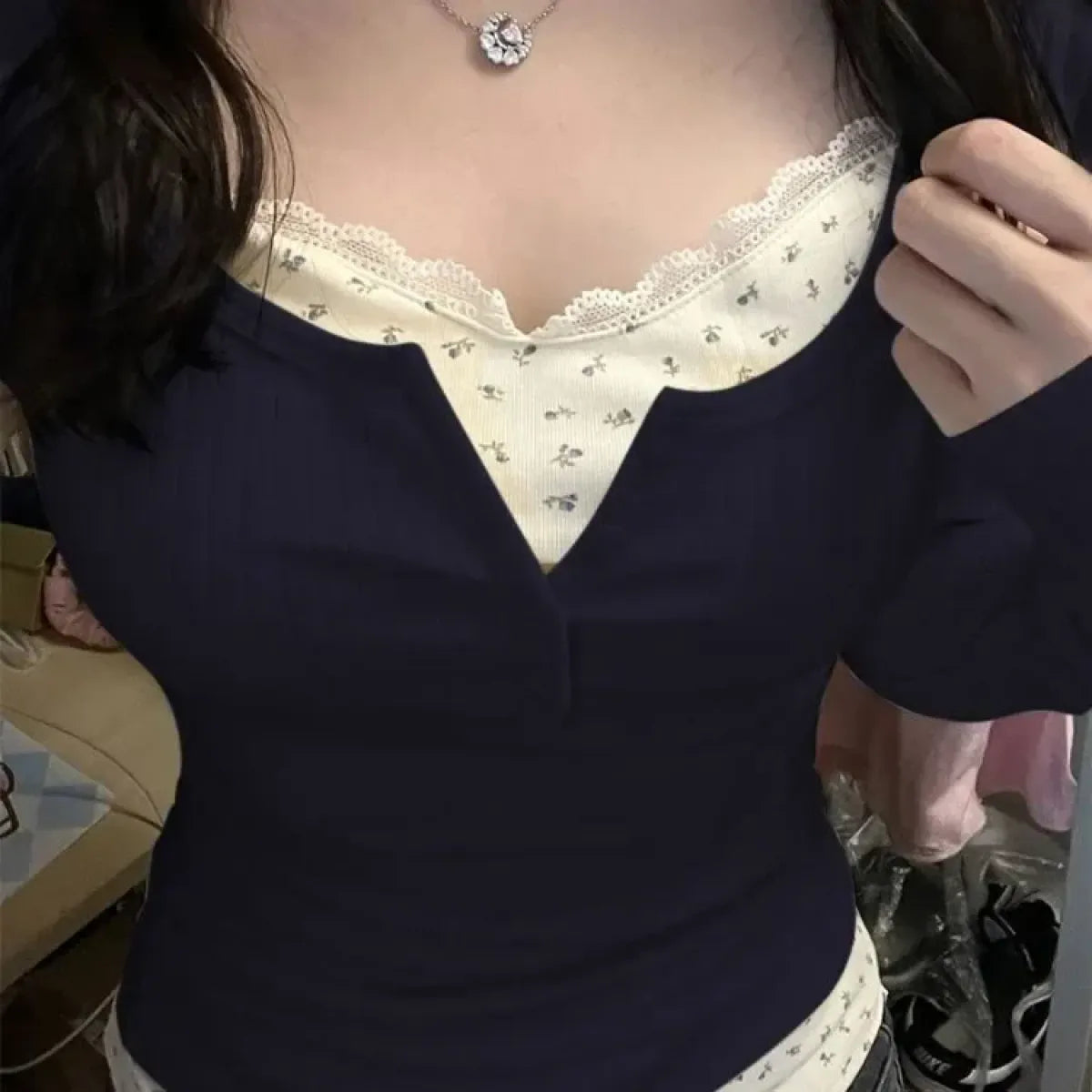 Sweet Pink Lace Layered Y2K Slim Fit Tee - T-Shirts - T-Shirt - 4