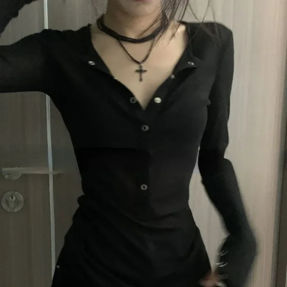 Y2K Slim Fit V-Neck Snap Button Tee - T-Shirts - T-Shirt - 2