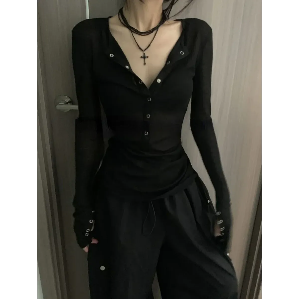 Y2K Slim Fit V-Neck Snap Button Tee - T-Shirts - T-Shirt - 3