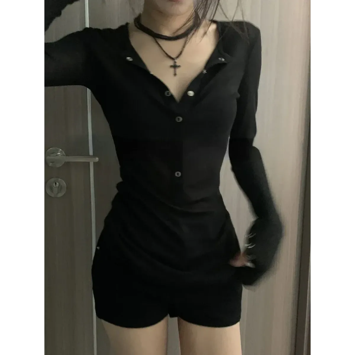 Y2K Slim Fit V-Neck Snap Button Tee - T-Shirts - T-Shirt - 4