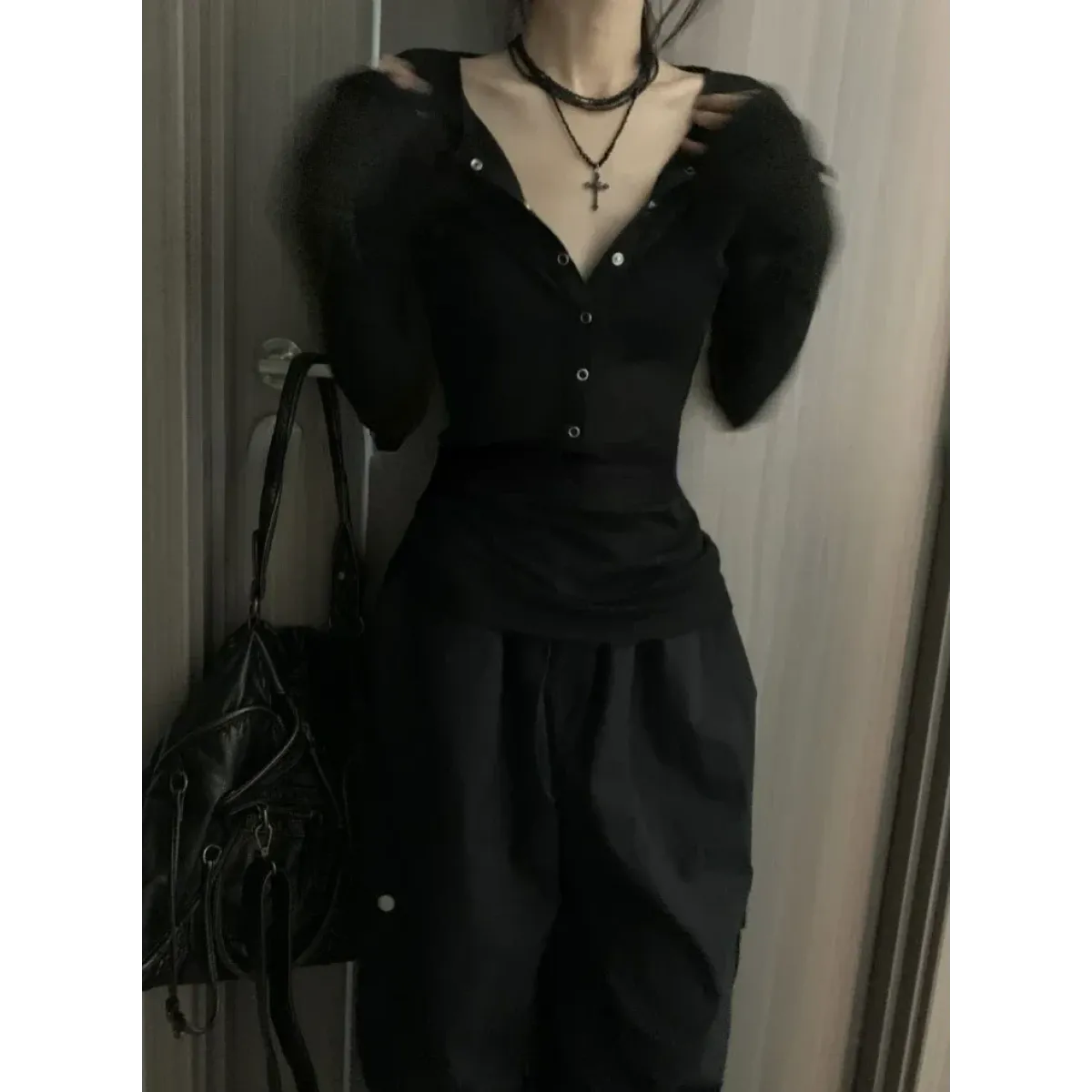 Y2K Slim Fit V-Neck Snap Button Tee - T-Shirts - T-Shirt - 5