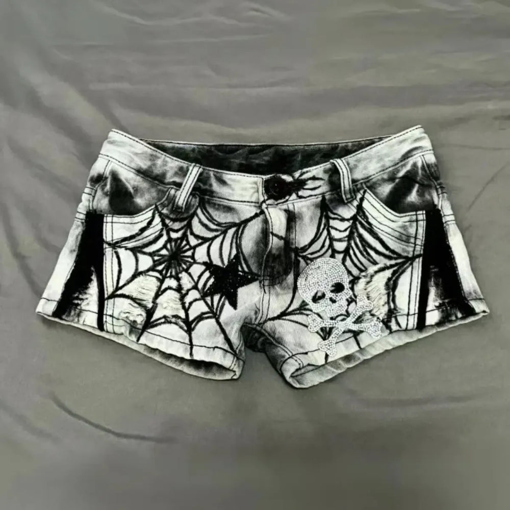 Y2K Punk Spider Web Denim Shorts – Low Waist Skull Star Print - Harajuku Style - Women’s Shorts - 1