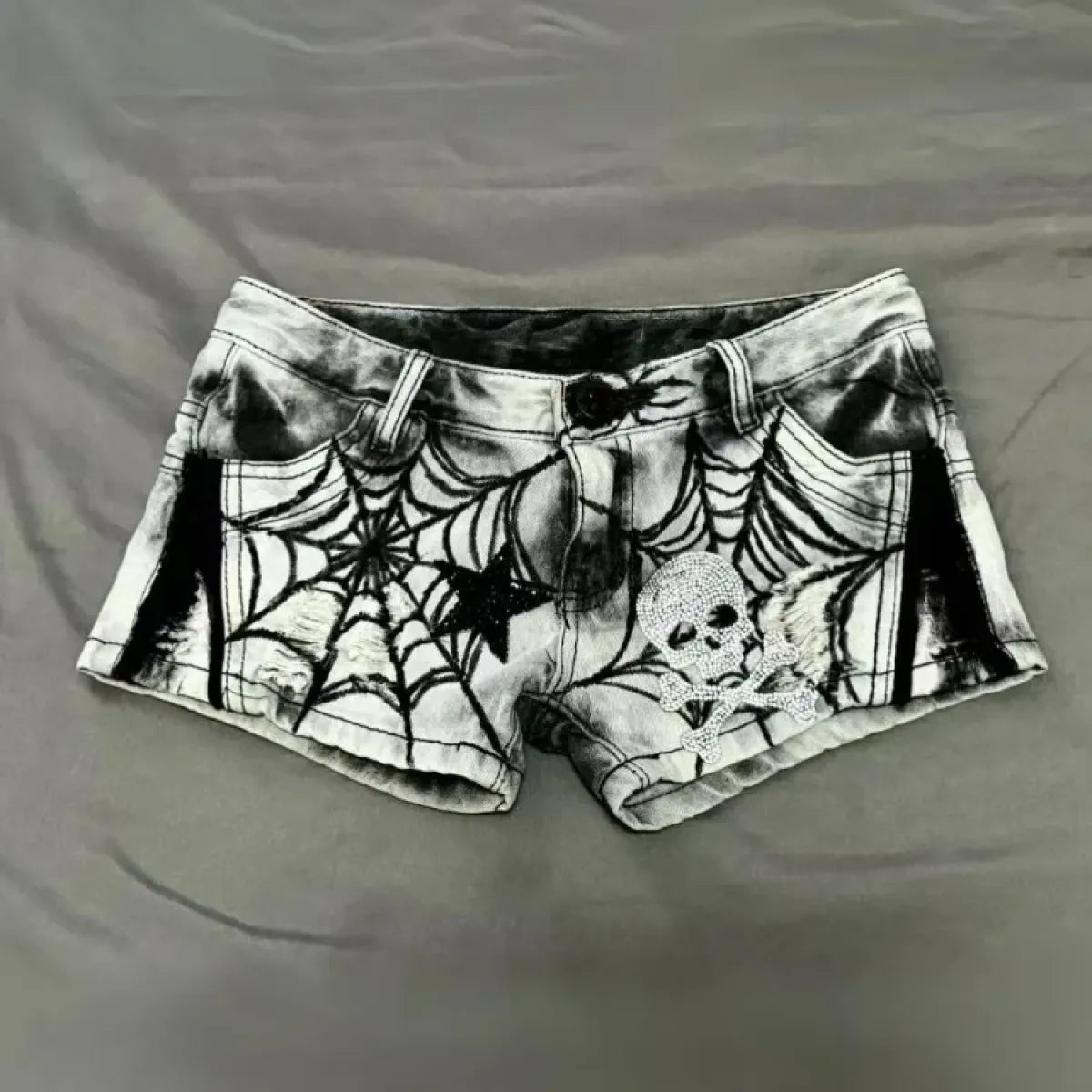 Y2K Punk Spider Web Denim Shorts – Low Waist Skull Star Print - Best Sellers - Women’s Shorts - 1