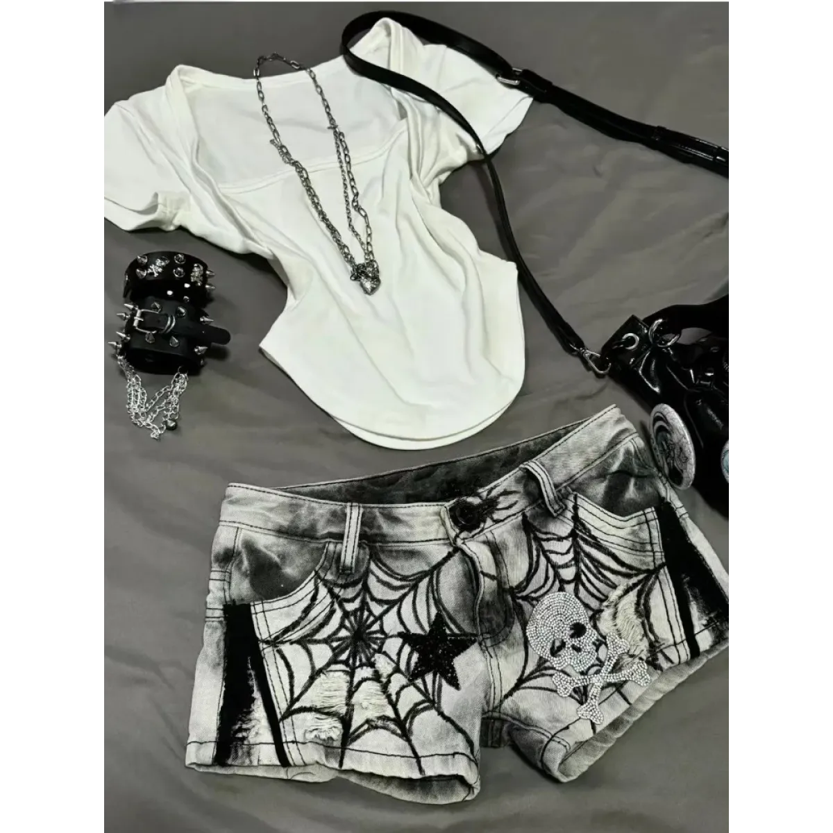 Y2K Punk Spider Web Denim Shorts – Low Waist Skull Star Print - Harajuku Style - Women’s Shorts - 3