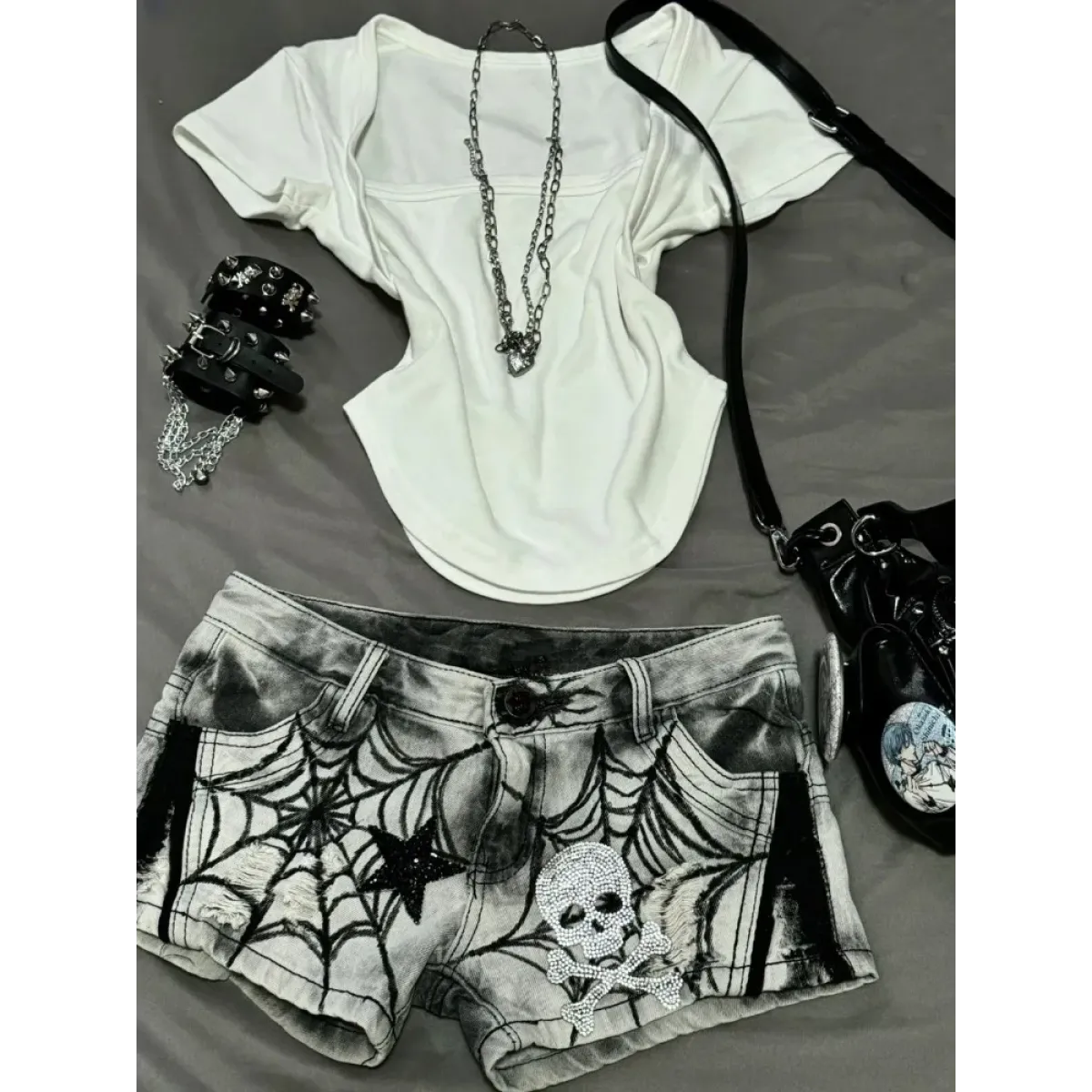 Y2K Punk Spider Web Denim Shorts – Low Waist Skull Star Print - Harajuku Style - Women’s Shorts - 4