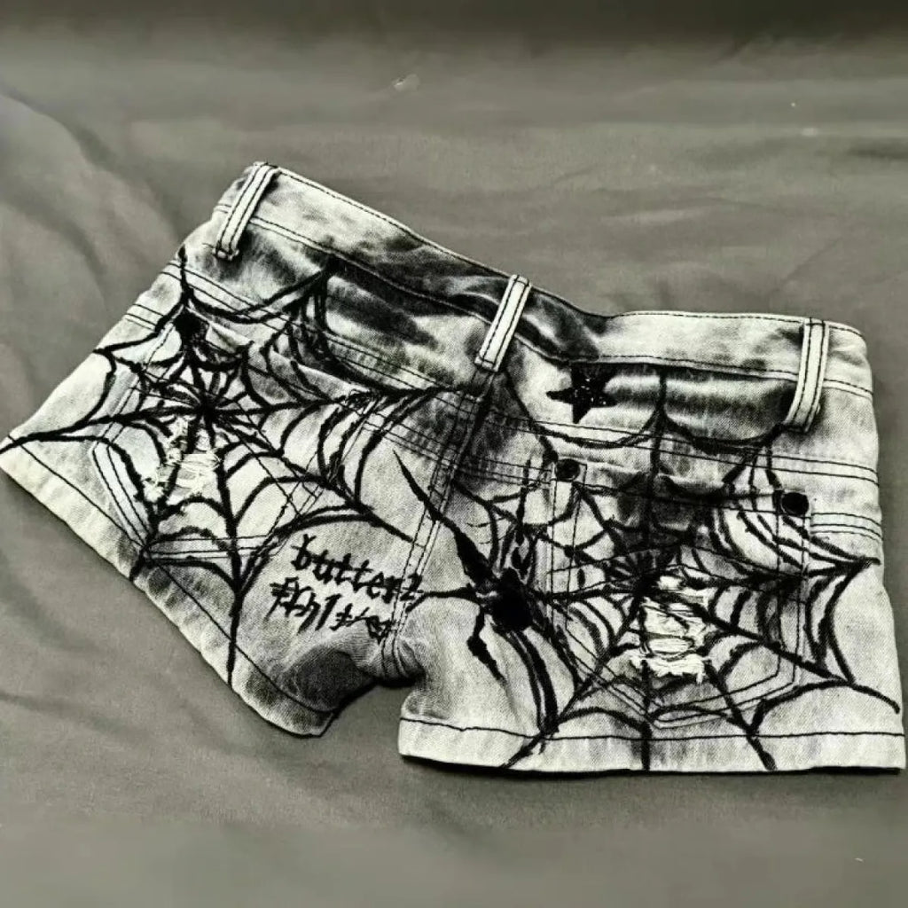 Y2K Punk Spider Web Denim Shorts – Low Waist Skull Star Print - Harajuku Style - Women’s Shorts - 2