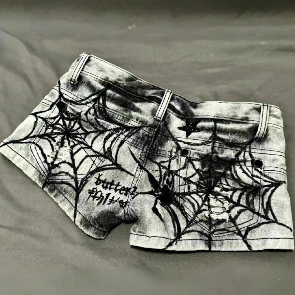 Y2K Punk Spider Web Denim Shorts – Low Waist Skull Star Print - Harajuku Style - Women’s Shorts - 2