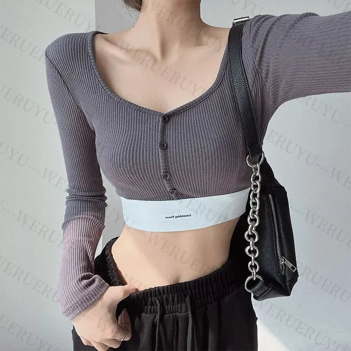 Y2K Ribbed Button Crop Top with Long Sleeves - Women’s Clothing & Accessories - Crop Top - 3