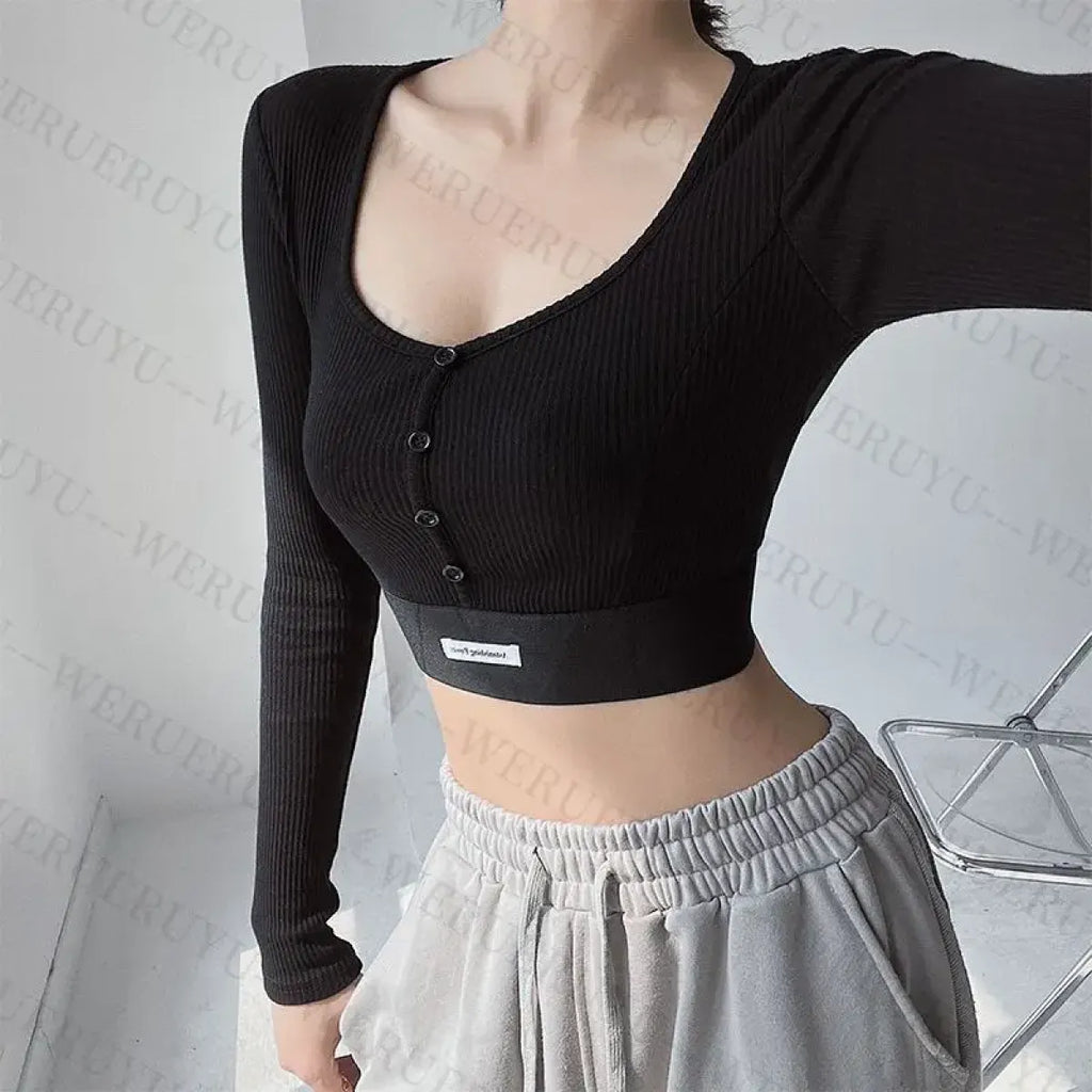 Y2K Ribbed Button Crop Top with Long Sleeves - Women’s Clothing & Accessories - Crop Top - 4
