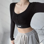 Y2K Ribbed Button Crop Top with Long Sleeves - Women’s Clothing & Accessories - Crop Top - 4