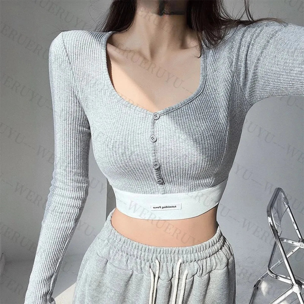 Y2K Ribbed Button Crop Top with Long Sleeves - Women’s Clothing & Accessories - Crop Top - 1