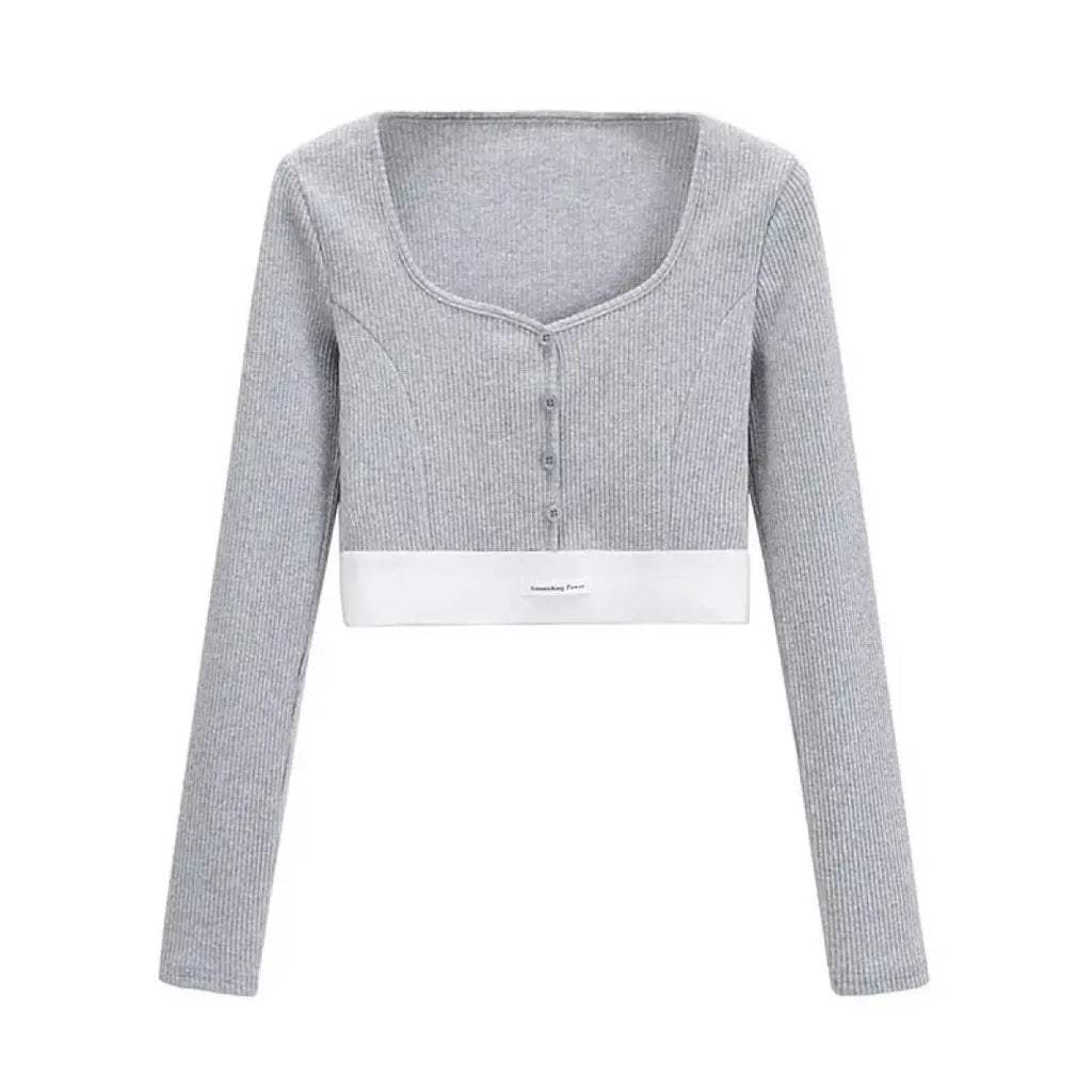 Y2K Ribbed Button Crop Top with Long Sleeves - Women’s Clothing & Accessories - Crop Top - 2