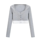 Y2K Ribbed Button Crop Top with Long Sleeves - Women’s Clothing & Accessories - Crop Top - 2