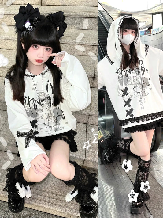 Yami Kawaii Hoodie – Lace Trim Bunny Ear Sweatshirt - White / M - T-Shirts - 2025 - 5 - Worldwide Shipping