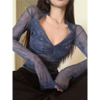 Y2K Ruched Mesh V-Neck Long Sleeve Tee - T-Shirts - T-Shirt - 1