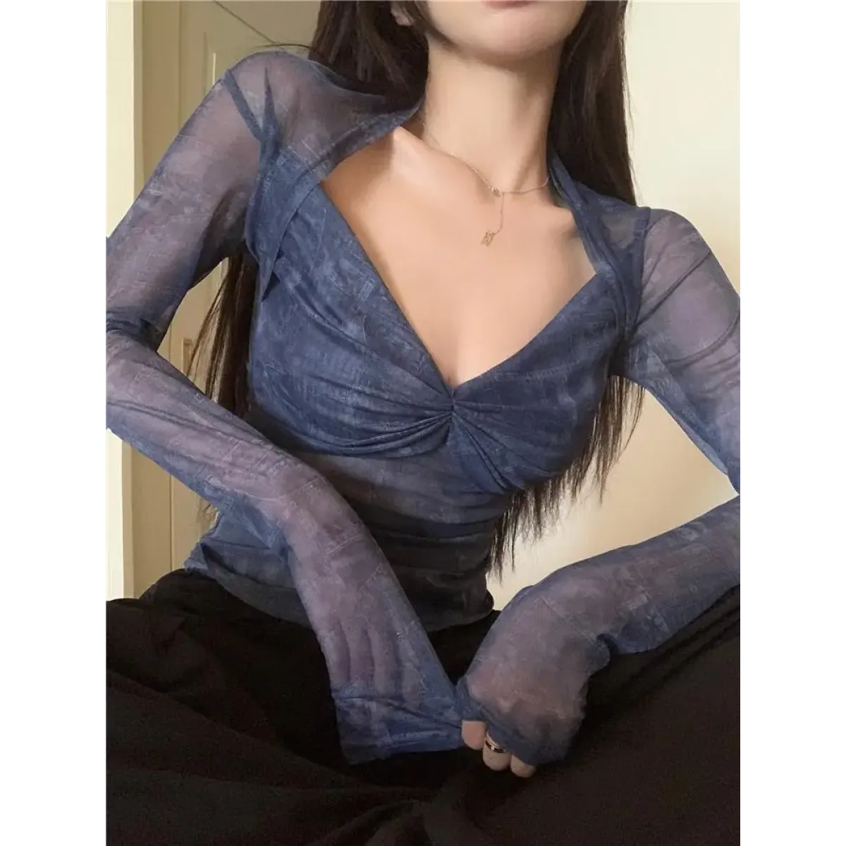 Y2K Ruched Mesh V-Neck Long Sleeve Tee - T-Shirts - T-Shirt - 1