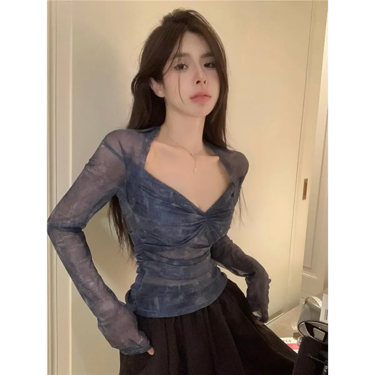 Y2K Ruched Mesh V-Neck Long Sleeve Tee - T-Shirts - T-Shirt - 2