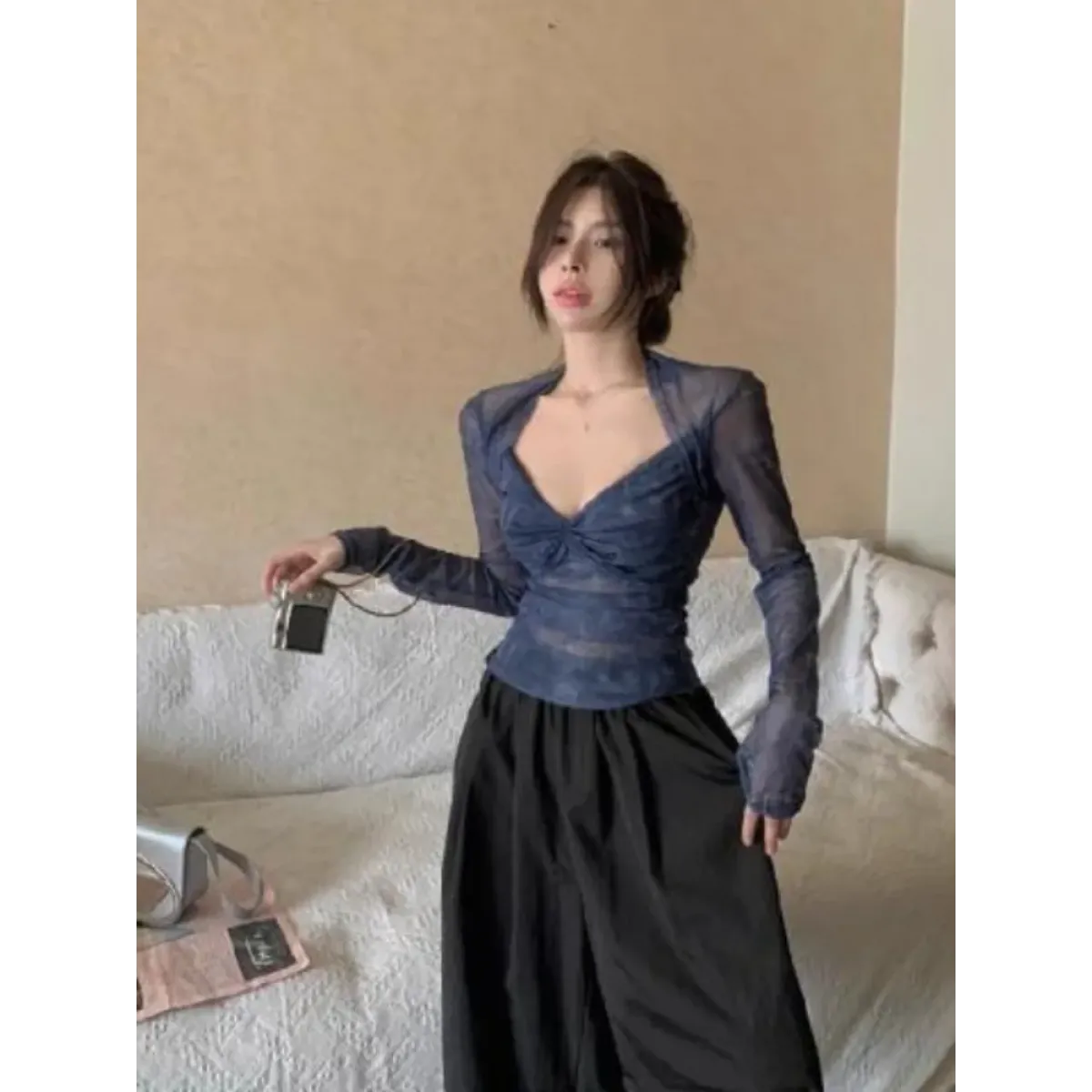 Y2K Ruched Mesh V-Neck Long Sleeve Tee - T-Shirts - T-Shirt - 3