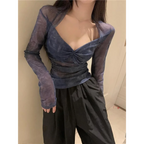 Y2K Ruched Mesh V-Neck Long Sleeve Tee - T-Shirts - T-Shirt - 5