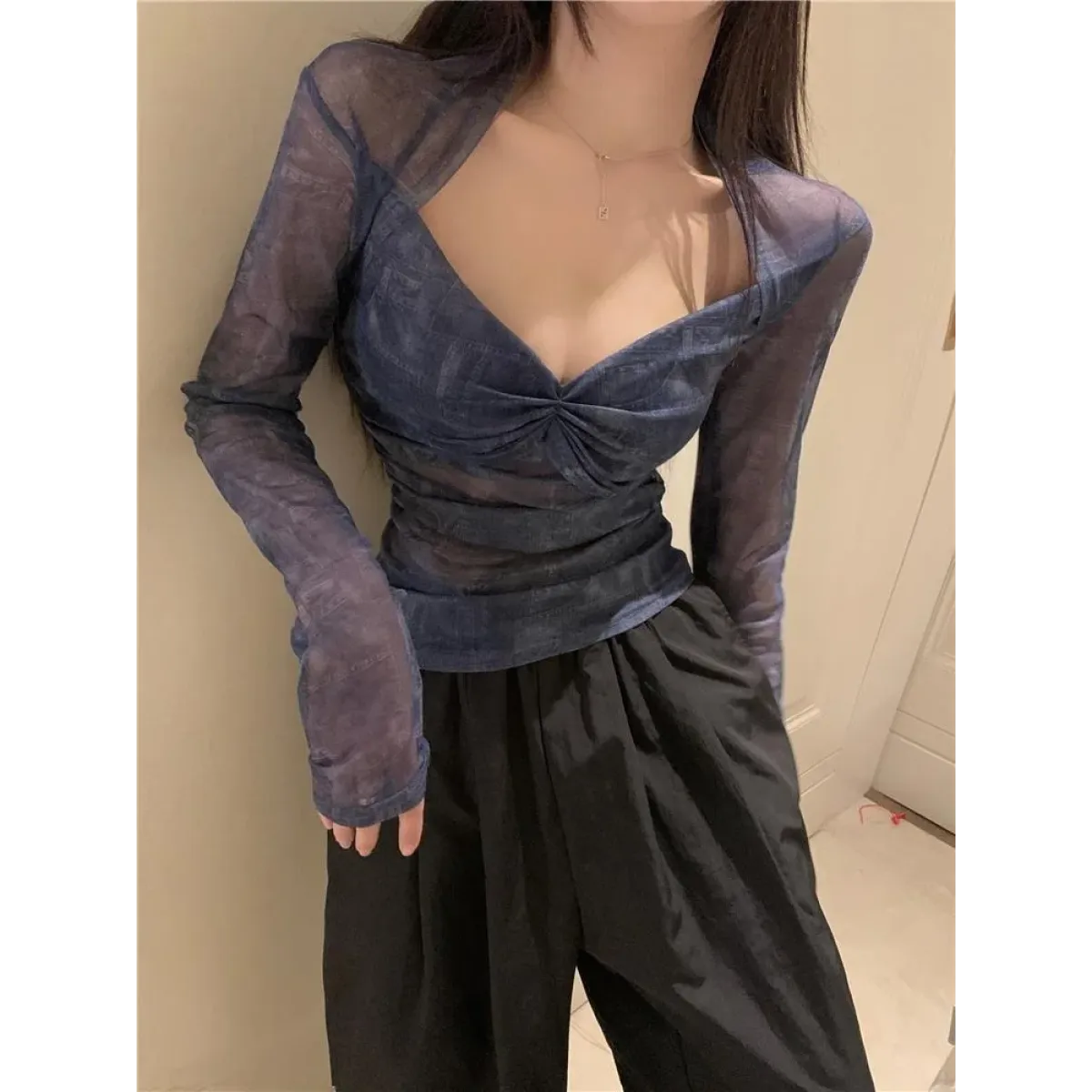 Y2K Ruched Mesh V-Neck Long Sleeve Tee - T-Shirts - T-Shirt - 5