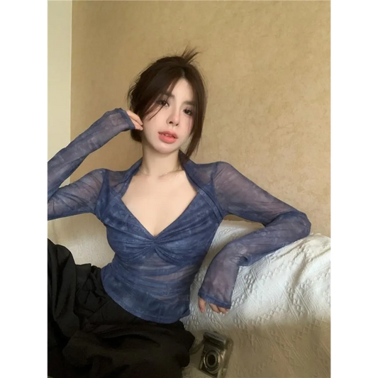 Y2K Ruched Mesh V-Neck Long Sleeve Tee - T-Shirts - T-Shirt - 6