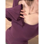 Square Neck Flare Sleeve Top – Y2K Sweet Vintage Slim Fit Tee - T-Shirts - Long - Square - T-Shirts - 5
