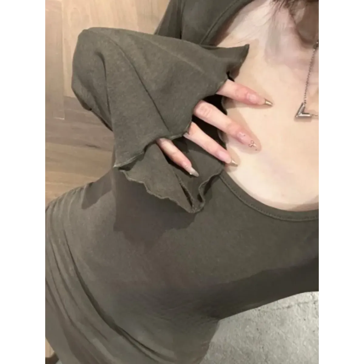 Square Neck Flare Sleeve Top – Y2K Sweet Vintage Slim Fit Tee - T-Shirts - Long - Square - T-Shirts - 4