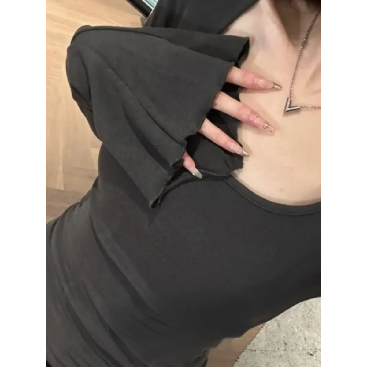 Square Neck Flare Sleeve Top – Y2K Sweet Vintage Slim Fit Tee - T-Shirts - Long - Square - T-Shirts - 3