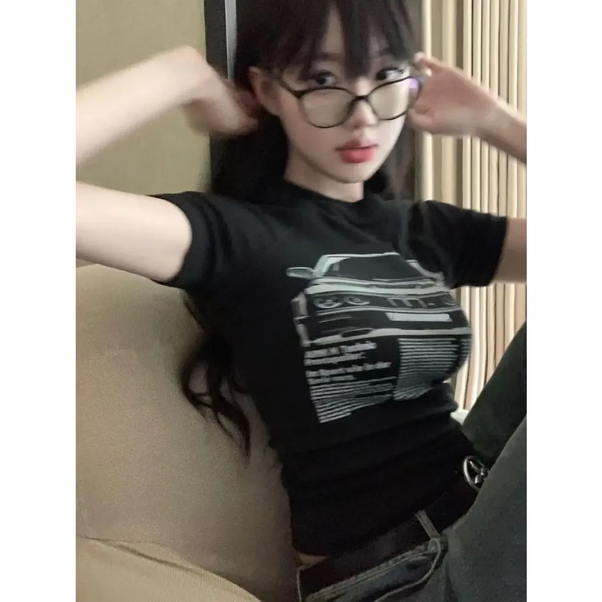 Y2K Slim Fit Car Print Crop Tee - T-Shirts - T-Shirt - 1