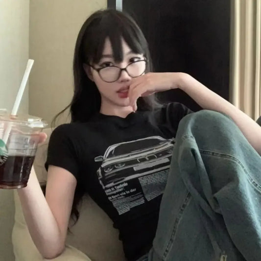 Y2K Slim Fit Car Print Crop Tee - T-Shirts - T-Shirt - 2