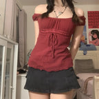 Red Square Collar Crop Top - Y2K Vintage Fairy Grunge Tee - T-Shirts - Short - Other - Crop Tops - 4