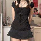 Red Square Collar Crop Top - Y2K Vintage Fairy Grunge Tee - T-Shirts - Short - Other - Crop Tops - 6