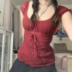 Red Square Collar Crop Top - Y2K Vintage Fairy Grunge Tee - T-Shirts - Short - Other - Crop Tops - 1