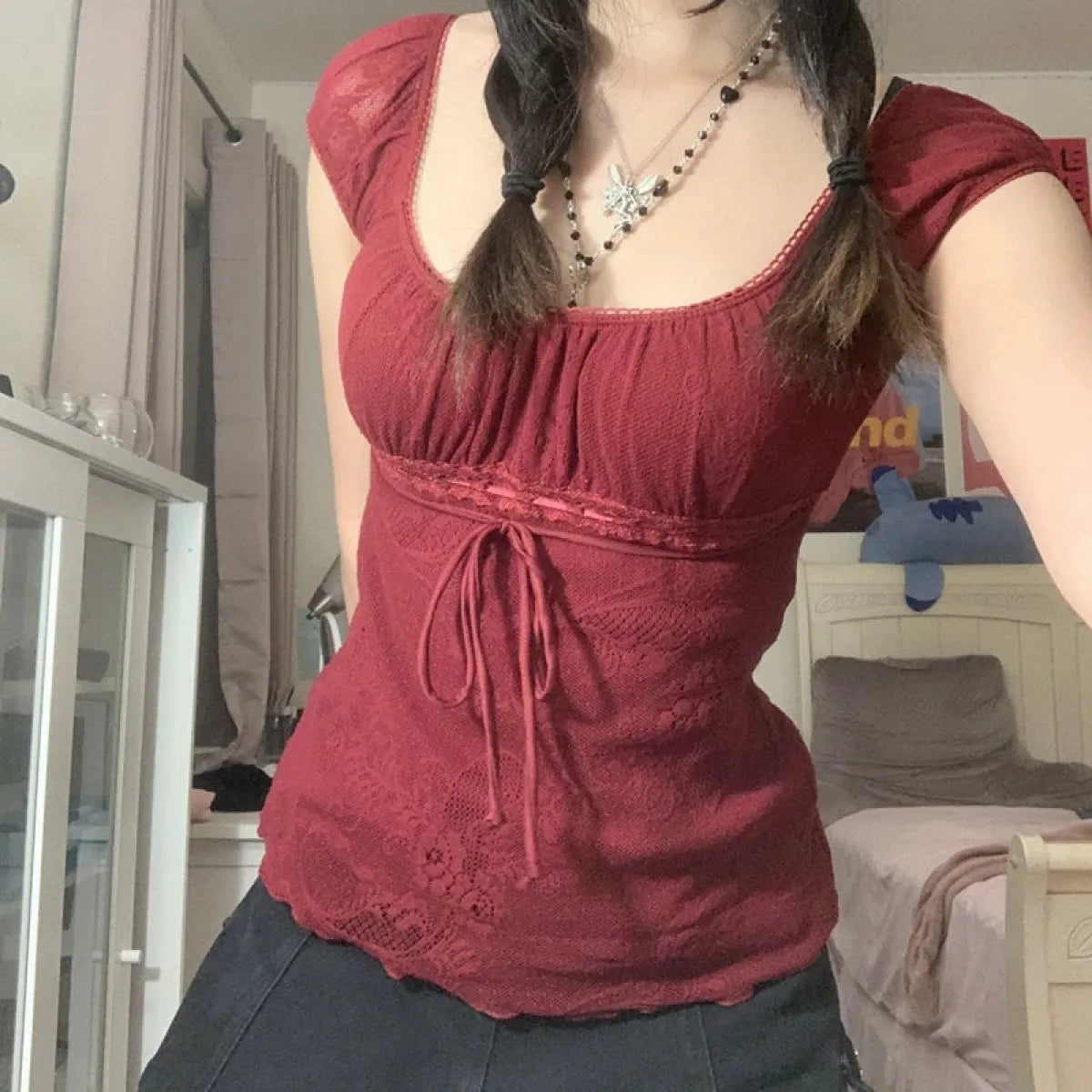 Red Square Collar Crop Top - Y2K Vintage Fairy Grunge Tee - T-Shirts - Short - Other - Crop Tops - 1