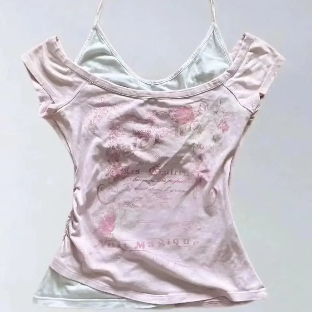 Y2K Vintage Fairycore Top – Off-Shoulder Layered Tee - T-Shirts - Short - Round - T-Shirts - 1