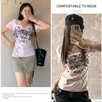 V-Neck Graphic Tee – Y2K Vintage Retro Streetwear - T-Shirts - Short - Sweetheart - T-Shirts - 5