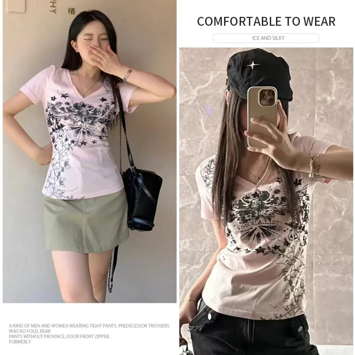 V-Neck Graphic Tee – Y2K Vintage Retro Streetwear - T-Shirts - Short - Sweetheart - T-Shirts - 5