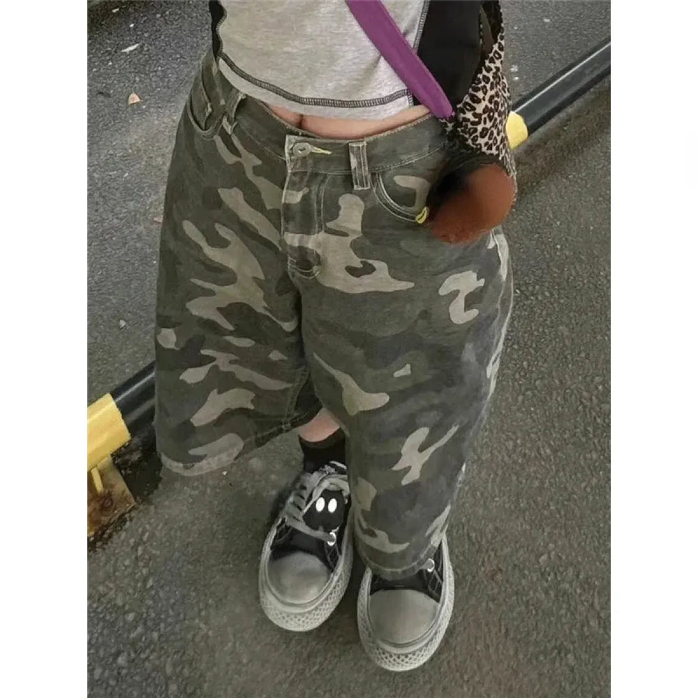 Camouflage Wide-Leg Denim Shorts – Y2K Vintage Streetwear - Women’s Clothing & Accessories - Women’s Jeans - 1