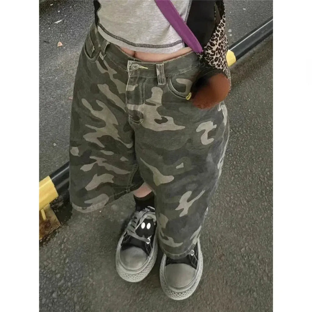 Camouflage Wide-Leg Denim Shorts – Y2K Vintage Streetwear - Women’s Clothing & Accessories - Women’s Jeans - 1