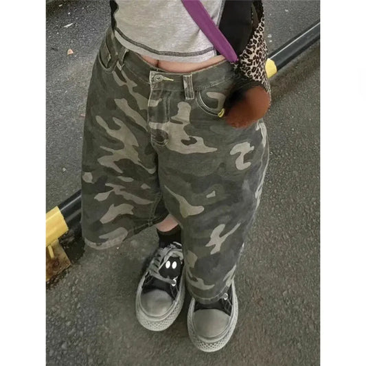 Camouflage Wide-Leg Denim Shorts – Y2K Vintage Streetwear - Women’s Clothing & Accessories - Women’s Jeans - 1