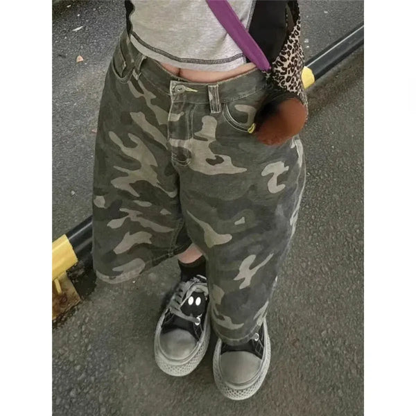 Camouflage Wide-Leg Denim Shorts – Y2K Vintage Streetwear - Women’s Clothing & Accessories - Women’s Jeans - 1