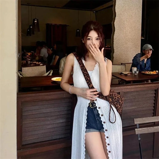 Y2K White Hollow Knit Button-Up Sundress - All Dresses - Dress - 7